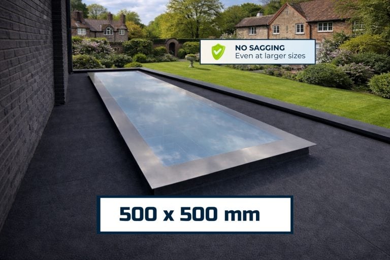 500x500mm non-sagging roof window in garden setting.