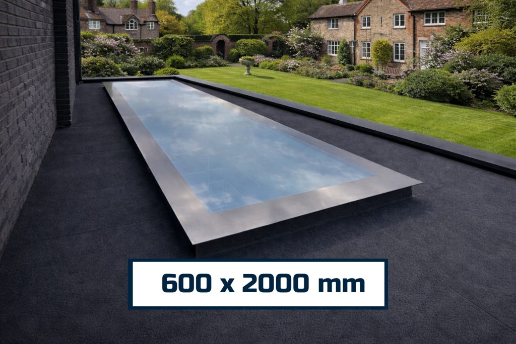 energy efficient flat roof rooflight 600 x 2000 mm with long rectangular glazing