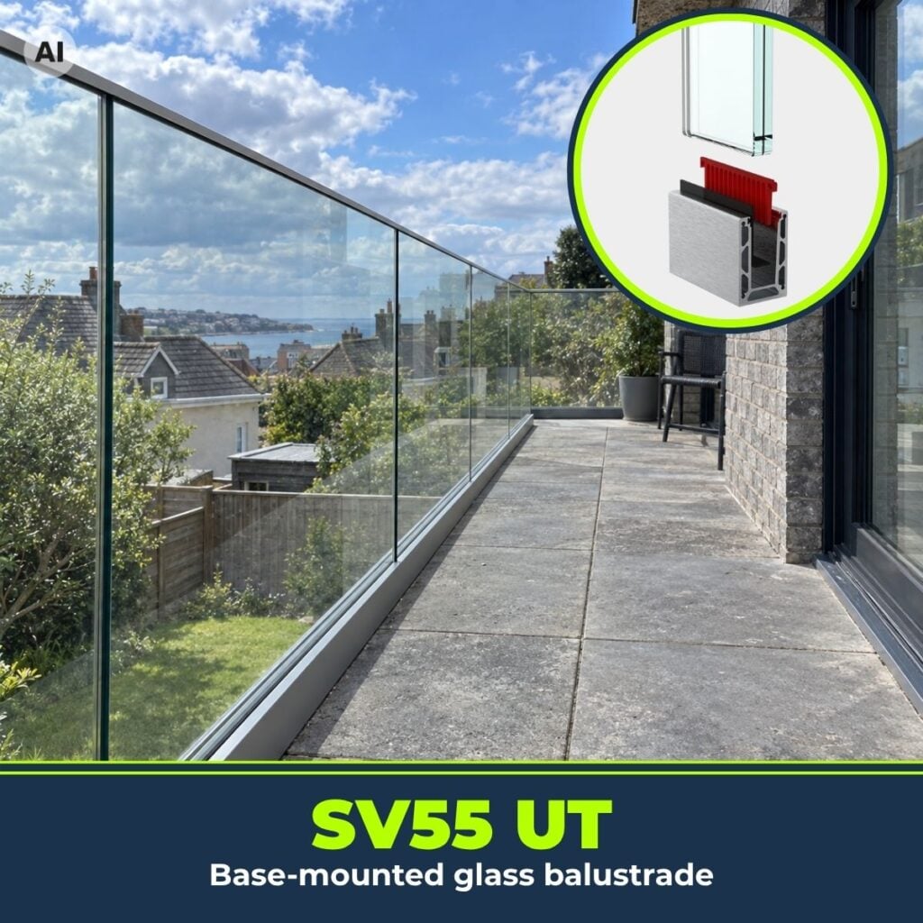 Bespoke Base Mount Glass Balustrade SV55 UT Fixed Handrail