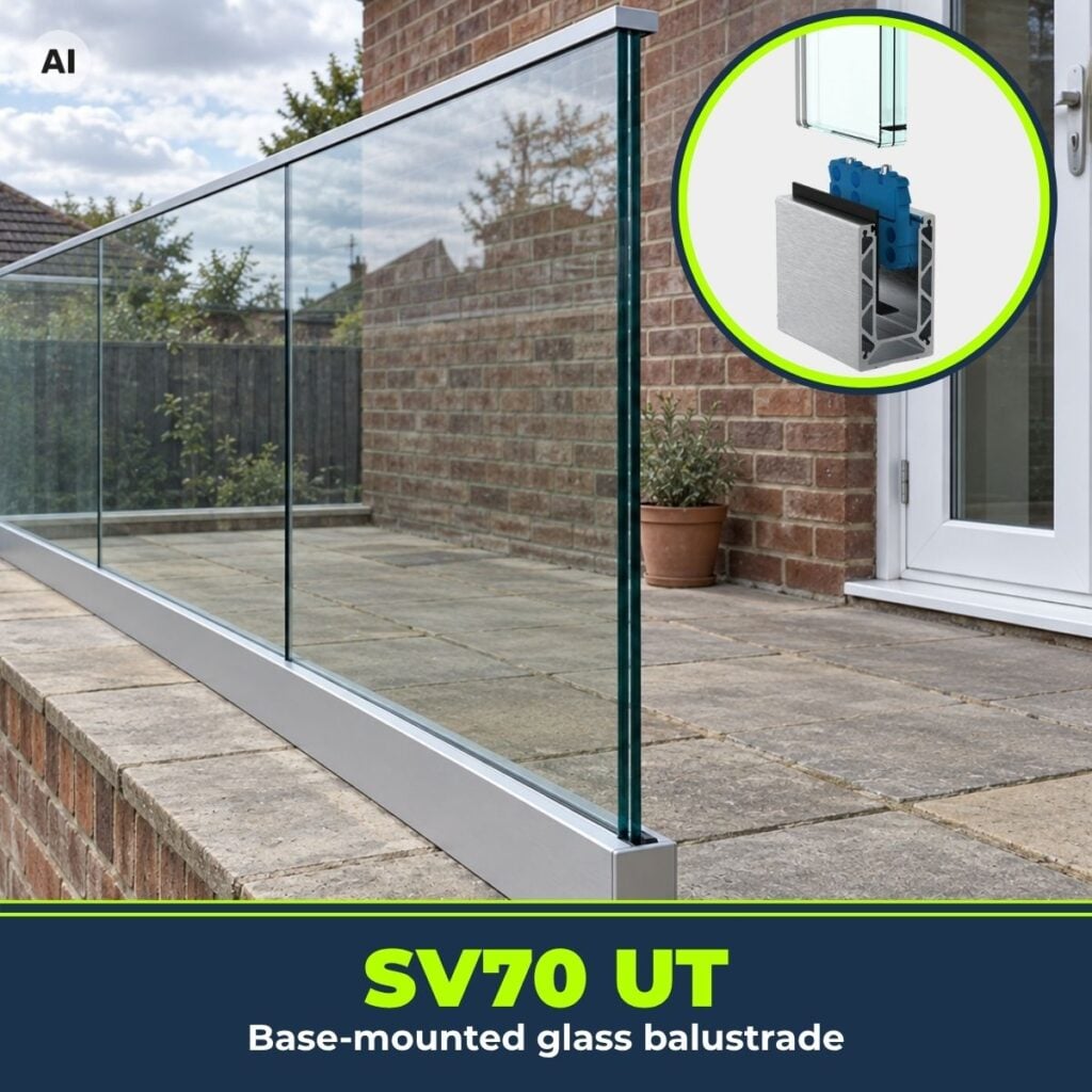 Bespoke Base Mount Glass Balustrade SV70 UT Adjustable Glazing